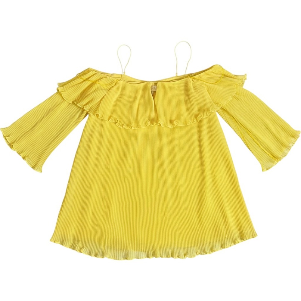 Mestiza New York Pleated Off Shoulder Top Women Small Yellow Ruffle Bell Sleeves